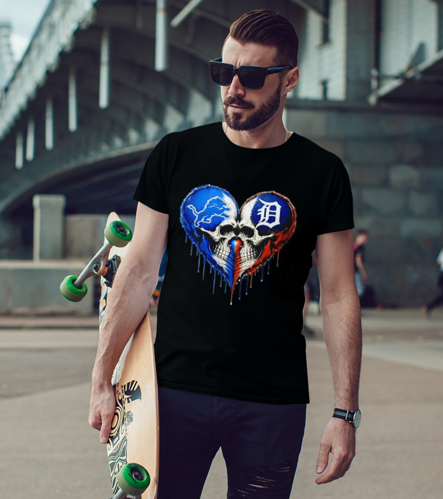 Detroit Lions And Detroit Tigers Skull Heart T-Shirt