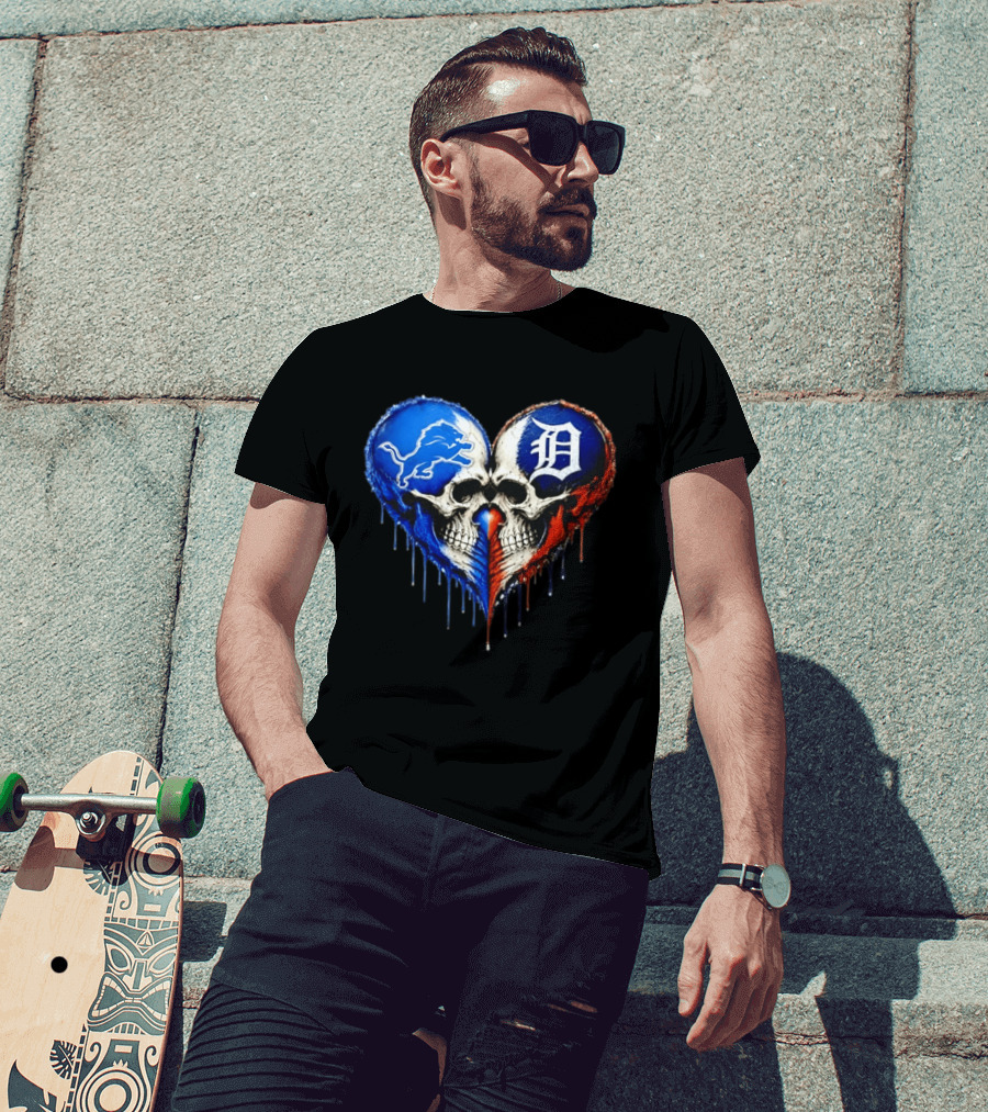 Detroit Lions And Detroit Tigers Skull Heart T-Shirt