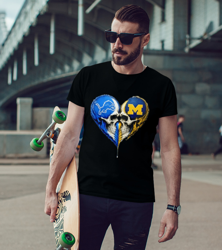 Detroit Lions And Michigan Wolverines Heart Skulls T-Shirt