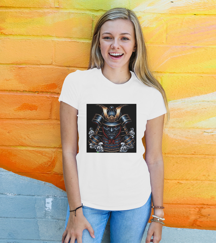 Samurai Warrior Mask Helmet With Traditional Armor And Red Accents T-Shirt