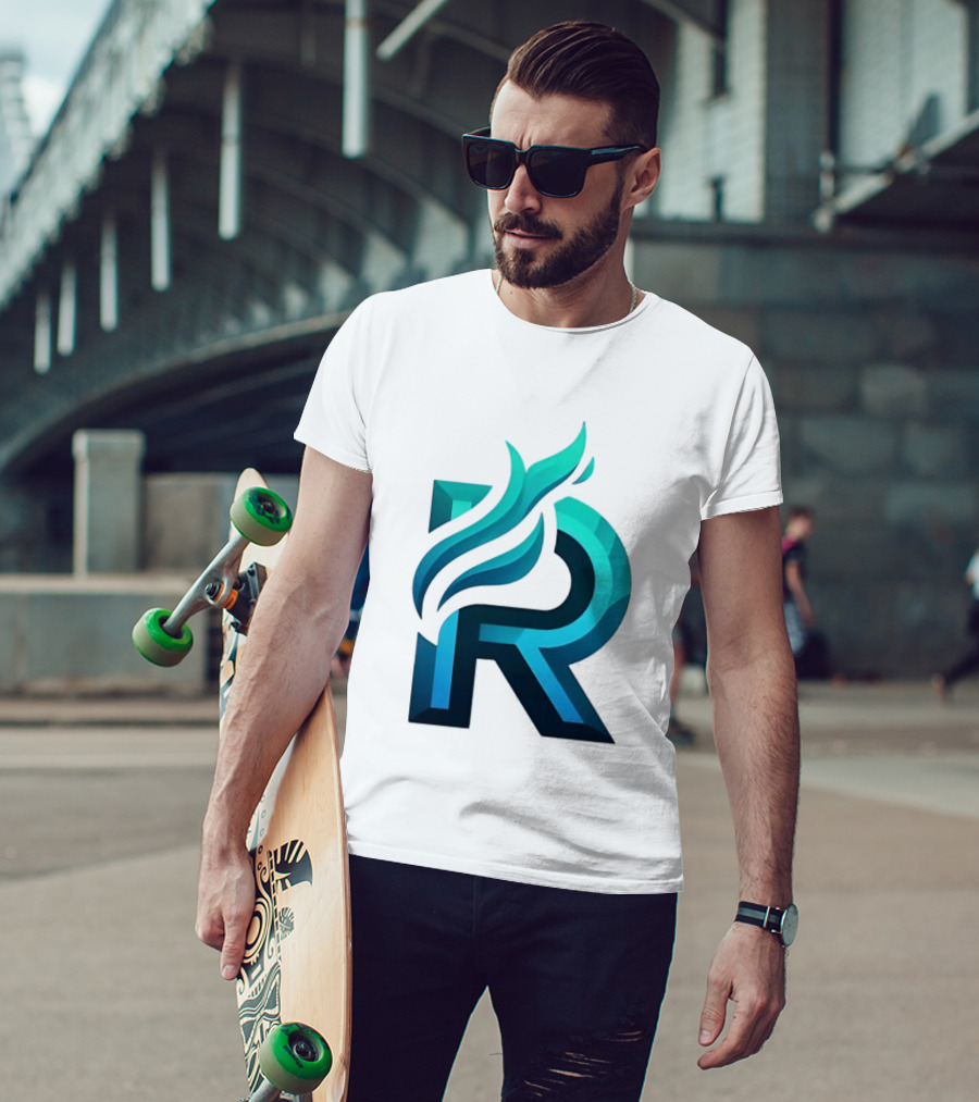 R Flame Letter Blue Green Gradient T-Shirt