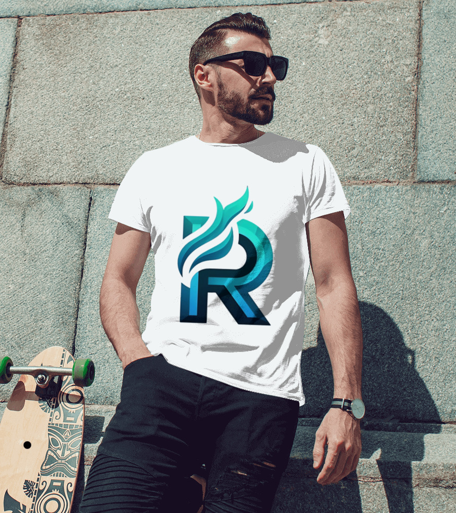 R Flame Letter Blue Green Gradient T-Shirt