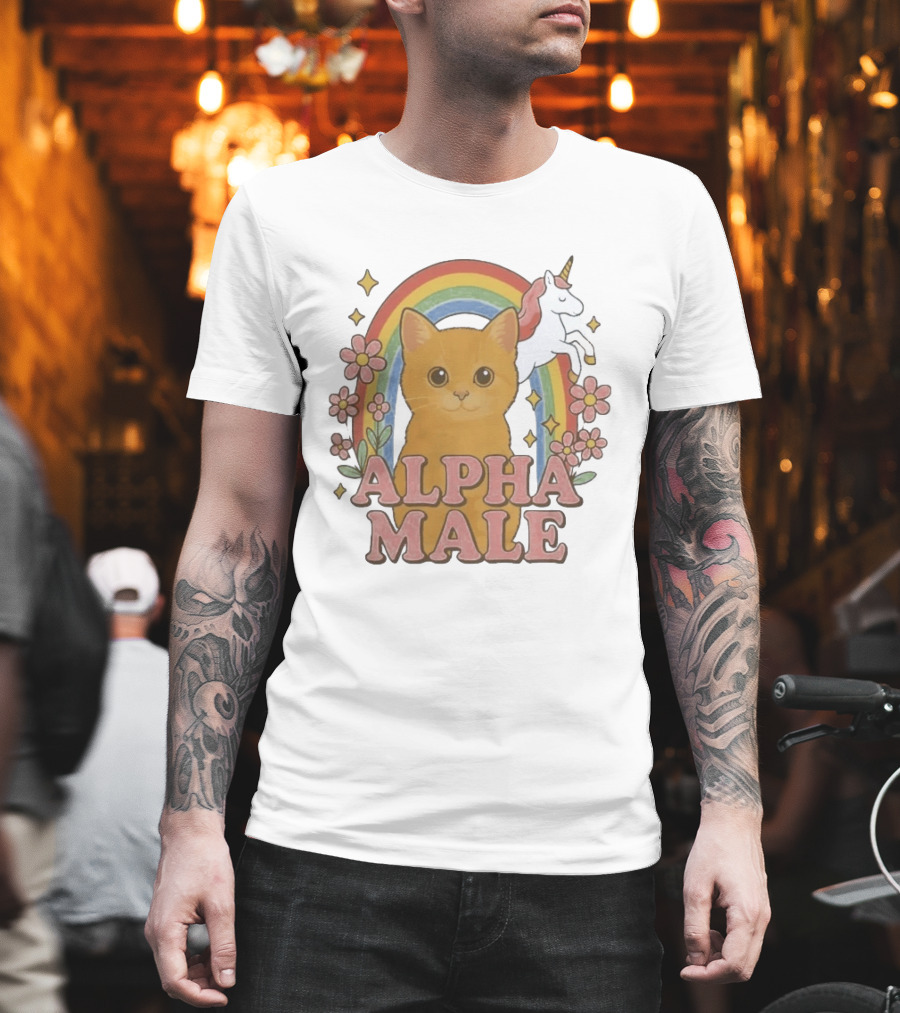 Alpha Male Cat With Unicorn Rainbow And Flowers T-Shirt