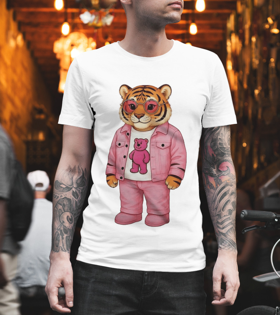 Cincinnati Bengals Fashion Pink Denim Tiger Bear T-Shirt