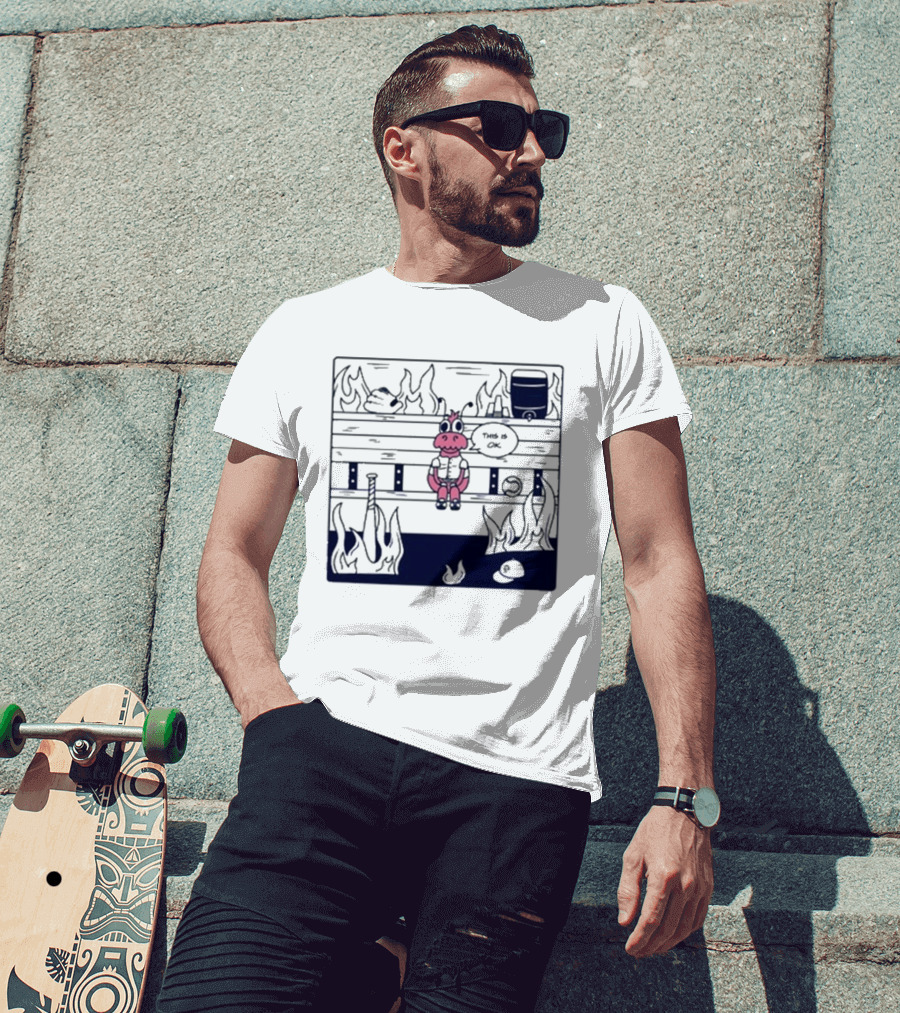 Jaxshrimp This Is Fine Fires Cartoon Cow Sitting Amidst Flames T-Shirt