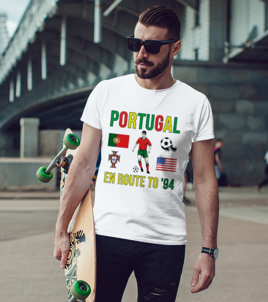 Portugal En Route To '94 World Cup Journey Footballer And Flags T-Shirt