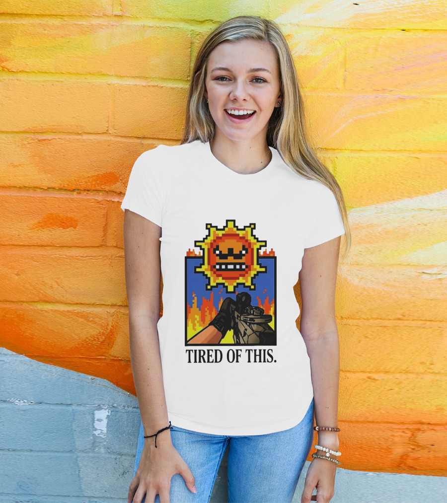 Tired Of This Pixel Sun Fire Gaming Weapon Retro Aesthetic T-Shirt