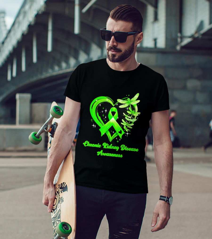 Chronic Kidney Disease Awareness Green Ribbon Heart And Dragonfly T-Shirt