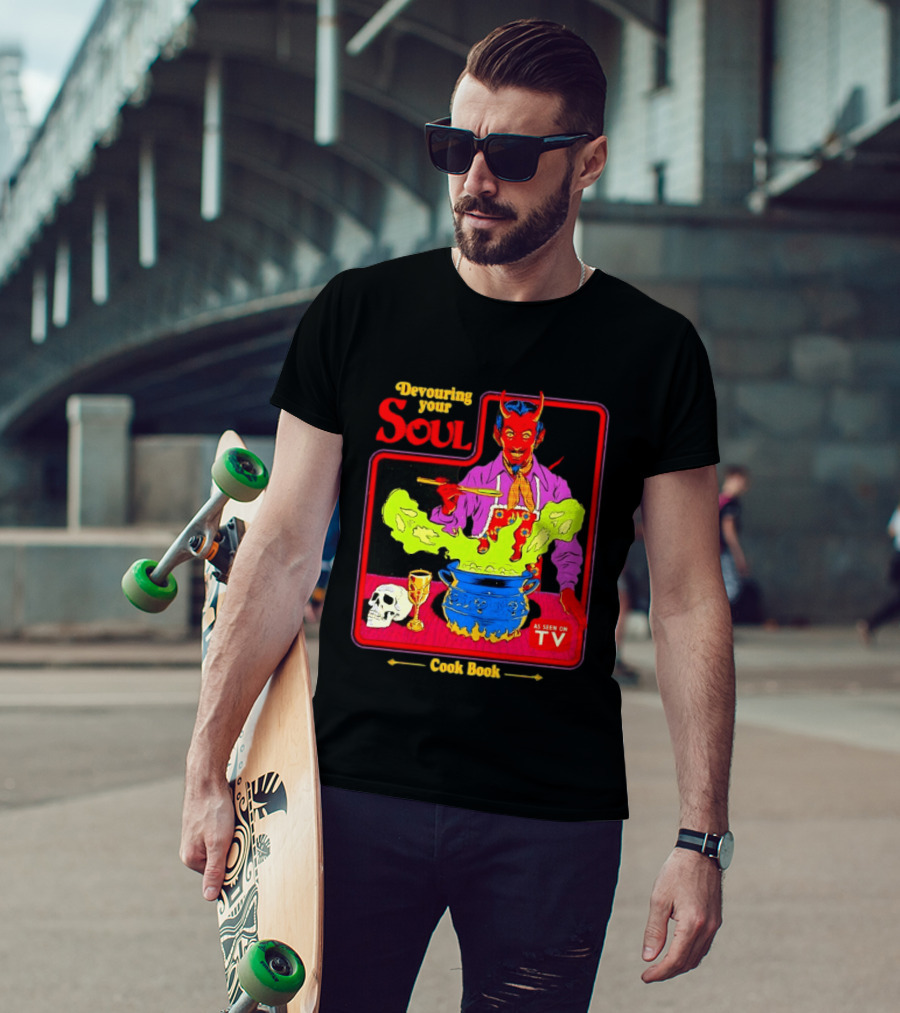 Devouring Your Soul Cook Book Steven Rhodes Retro Devil Cooking As Seen On TV Horror T-Shirt