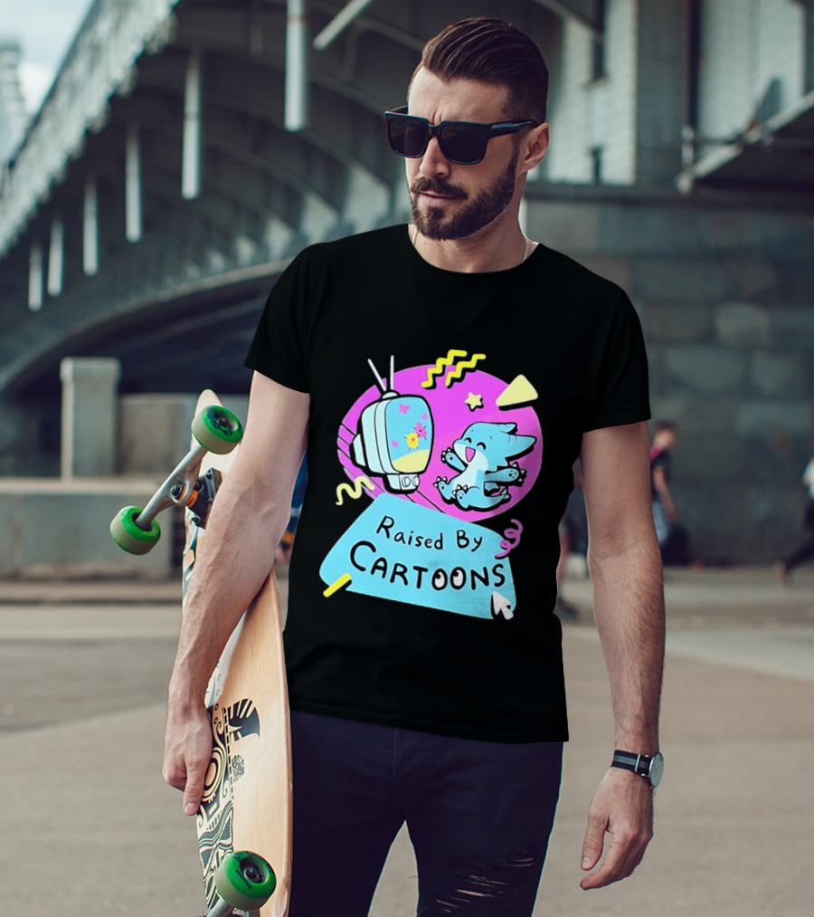Raised By Cartoons Nostalgia 90s Kid Cartoon Lover Retro TV And Playful Puppy Scene T-Shirt