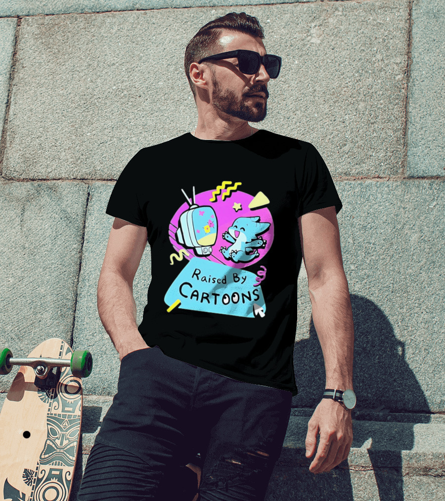 Raised By Cartoons Nostalgia 90s Kid Cartoon Lover Retro TV And Playful Puppy Scene T-Shirt