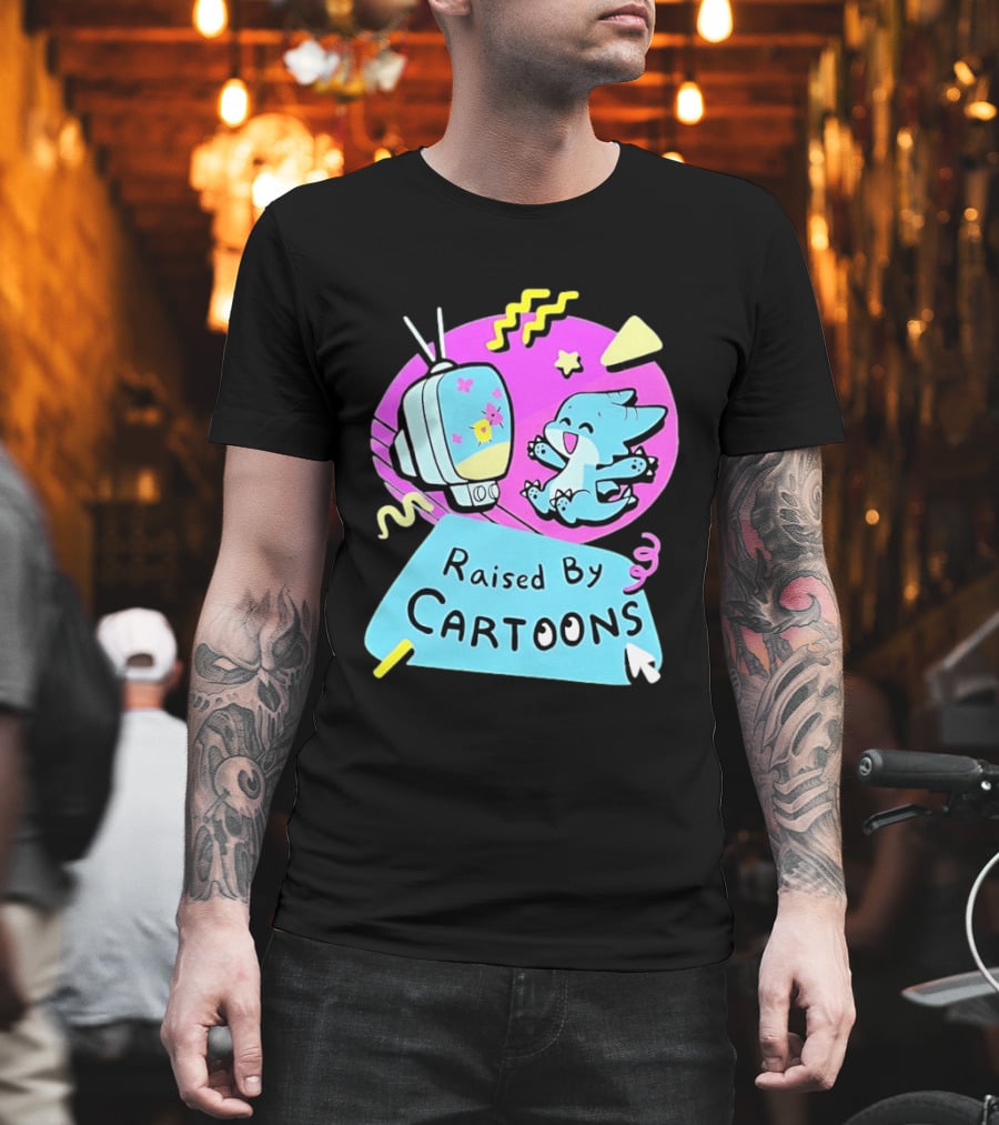 Raised By Cartoons Nostalgia 90s Kid Cartoon Lover Retro TV And Playful Puppy Scene T-Shirt