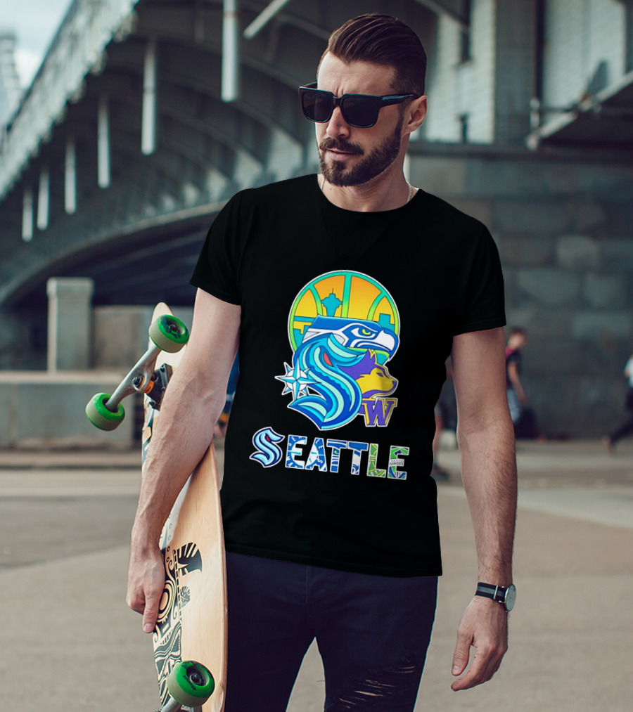 Seattle Seahawks Washington Huskies Skyline Collage With Space Needle And Compass Rose T-Shirt
