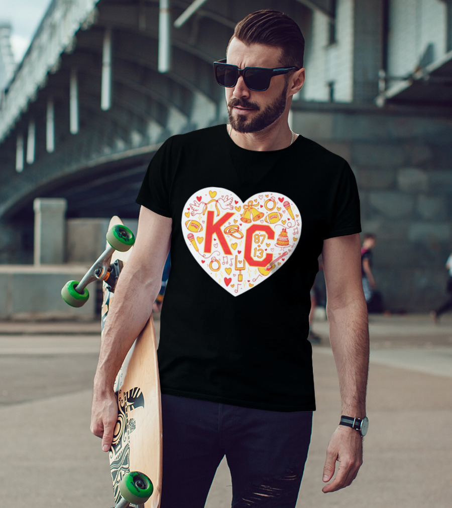 KC 87 13 Heart With Football Rings Music Bells Cake And Guitar T-Shirt