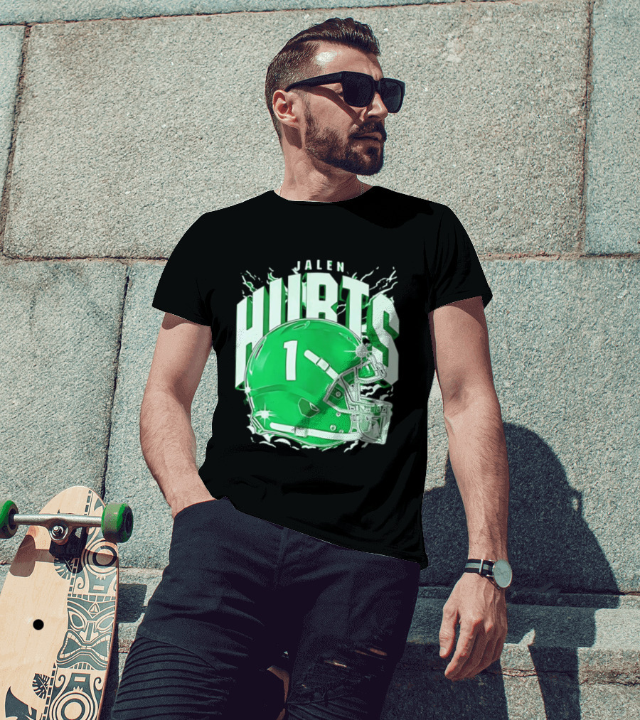 Jalen Hurts 1 Philadelphia Eagles Green Helmet Football T-Shirt