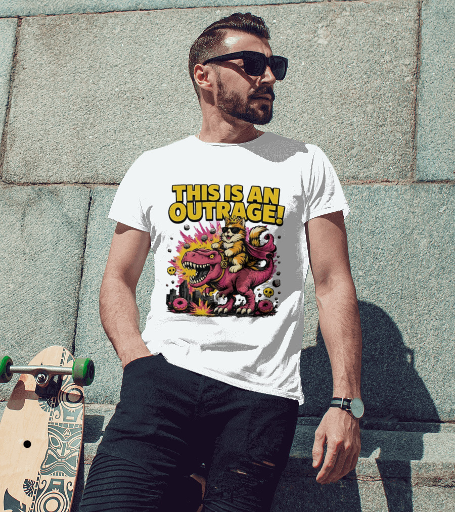 This Is An Outrage Cat King With Sunglasses Riding A Pink Rex With Explosions And Donuts T-Shirt
