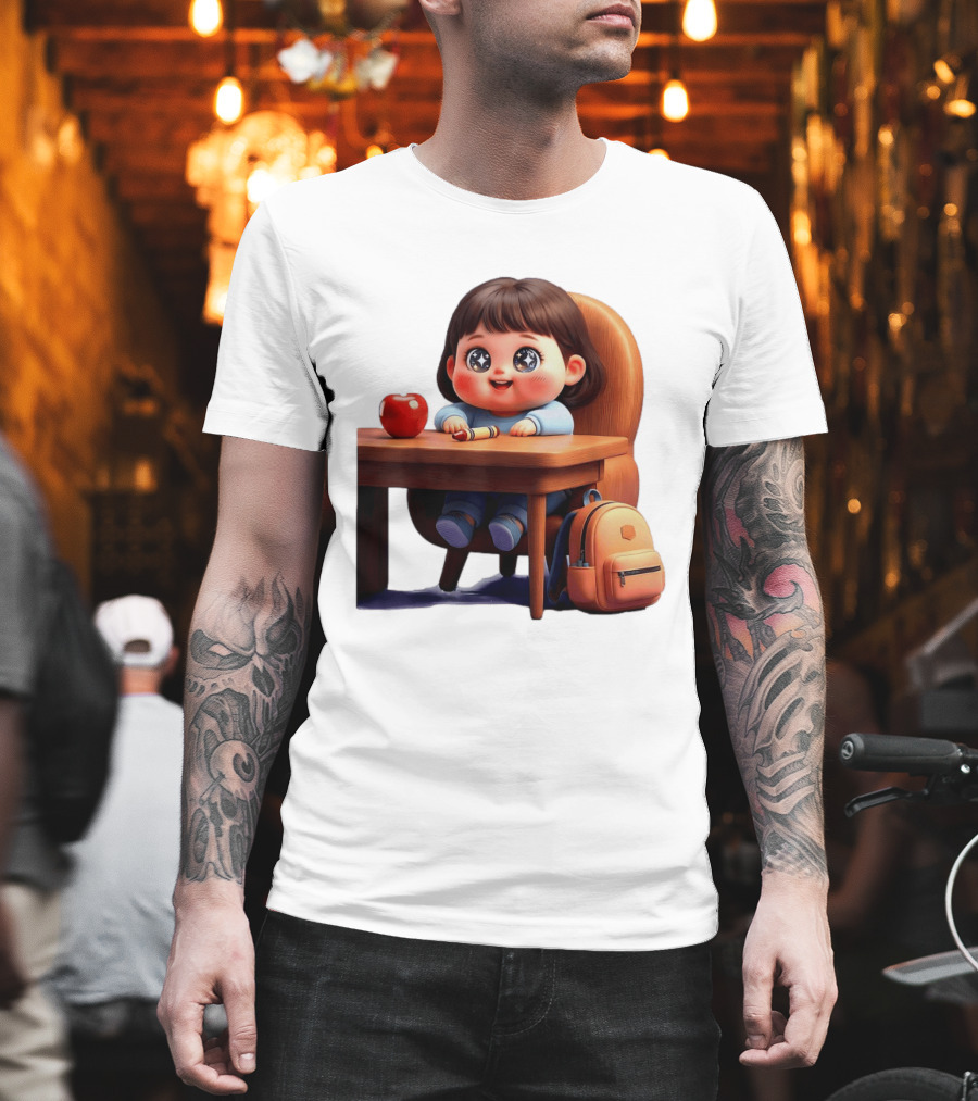 Cartoon Girl With Apple Backpack At Desk T-Shirt