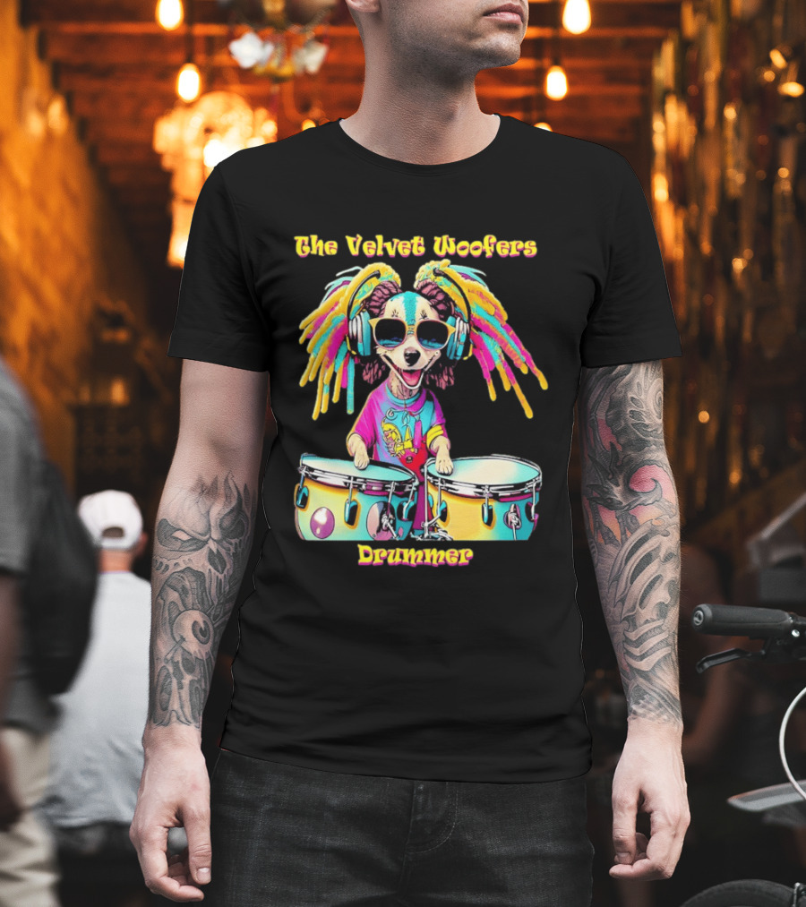 The Velvet Woofers Drummer Dog Colorful Cool Canine With Headphones And Drums T-Shirt