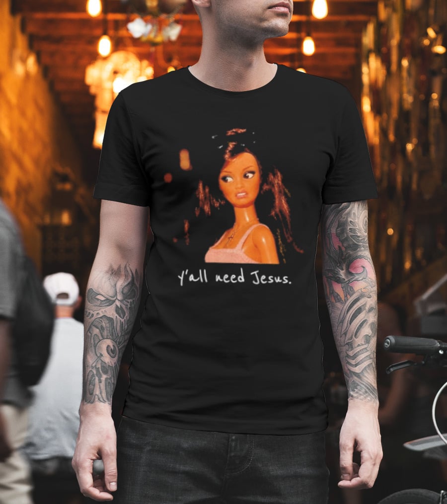 Y'all Need Jesus Doll Funny Meme Brown Hair Orange Dress T-Shirt