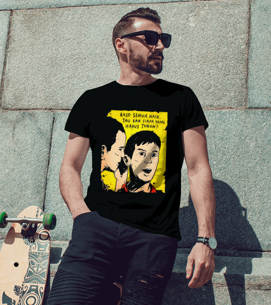 Kalo Semua Naik Tau Kan Siapa Yang Harus Turun Yellow Background Portrait Duo T-Shirt