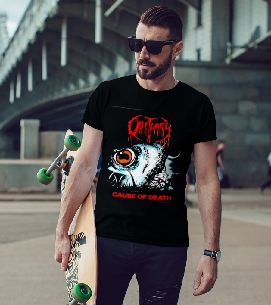 Obituary Cause Of Death Eye Metal Band With Orange Red T-Shirt