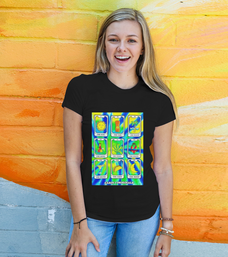 Cabin 7 Originals Tarot Cards Sun Tan Beach Bong Weed Bikini Drink Taco Moon T-Shirt