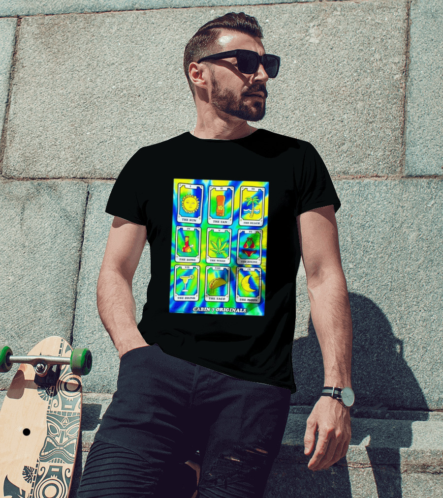 Cabin 7 Originals Tarot Cards Sun Tan Beach Bong Weed Bikini Drink Taco Moon T-Shirt