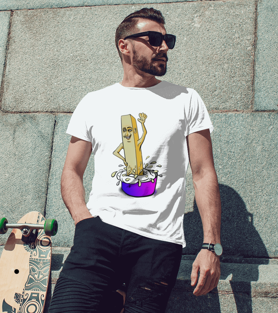 Belgian French Fry Cartoon Character Waving In Sauce Bowl T-Shirt