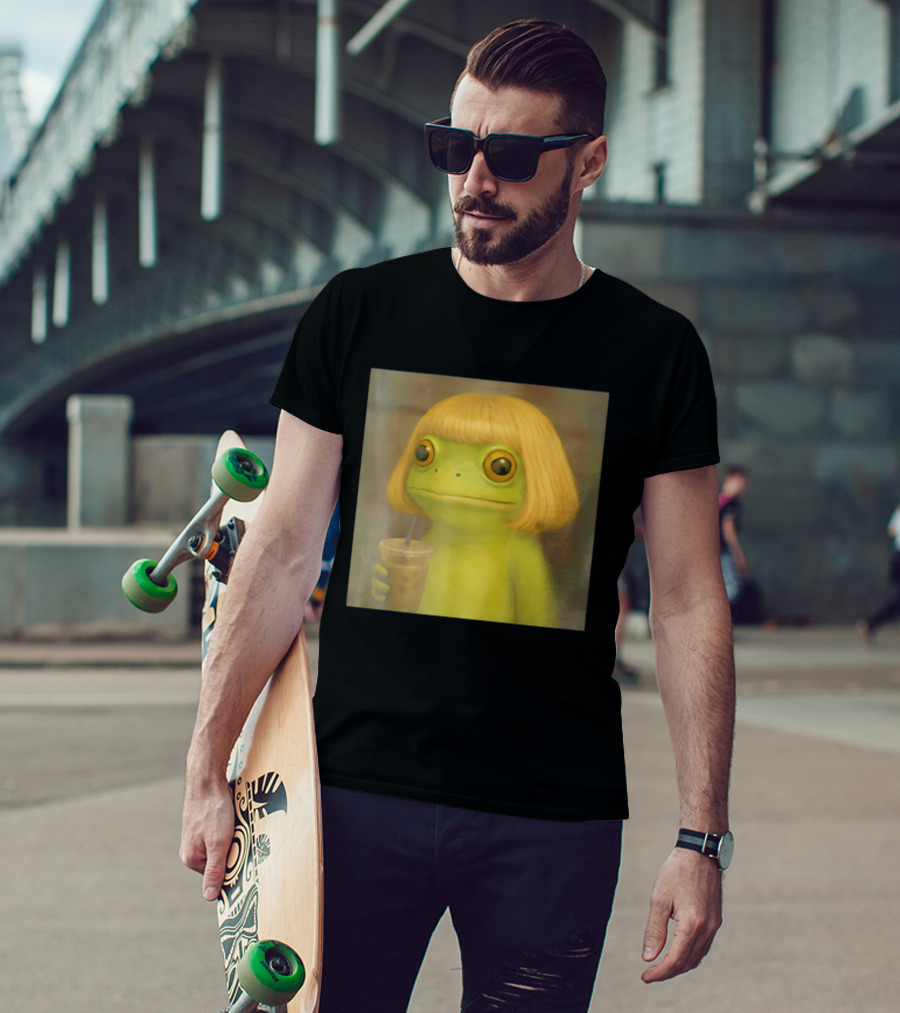 Blonde Wig Frog Holding Iced Coffee T-Shirt
