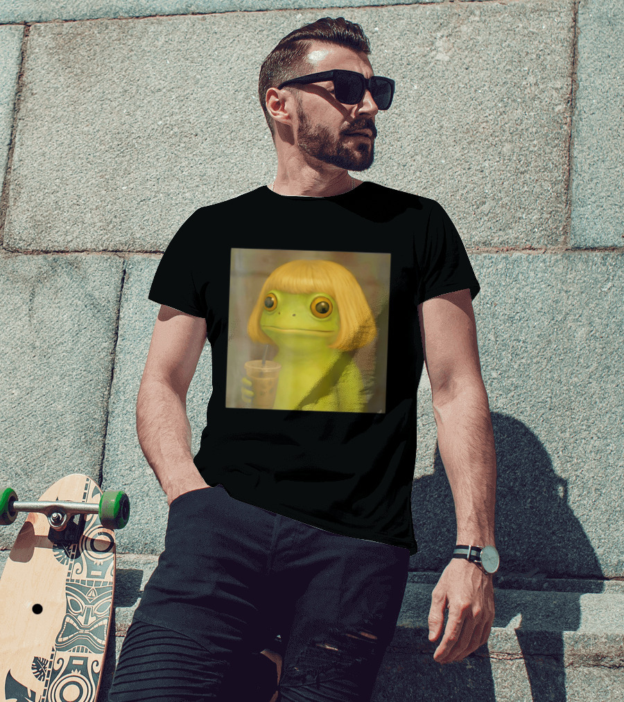 Blonde Wig Frog Holding Iced Coffee T-Shirt