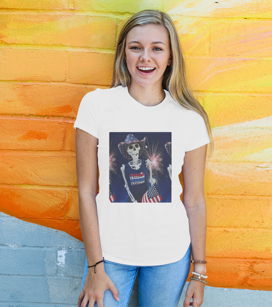 Freedom Skeleton Patriot With American Flag And Fireworks Fourth Of July T-Shirt