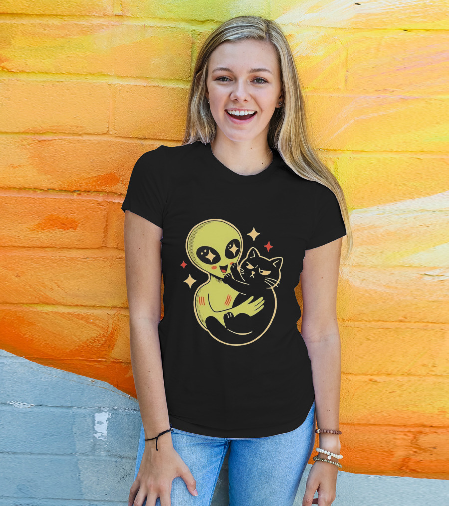 Alien Holding Grumpy Black Cat Surrounded By Stars T-Shirt