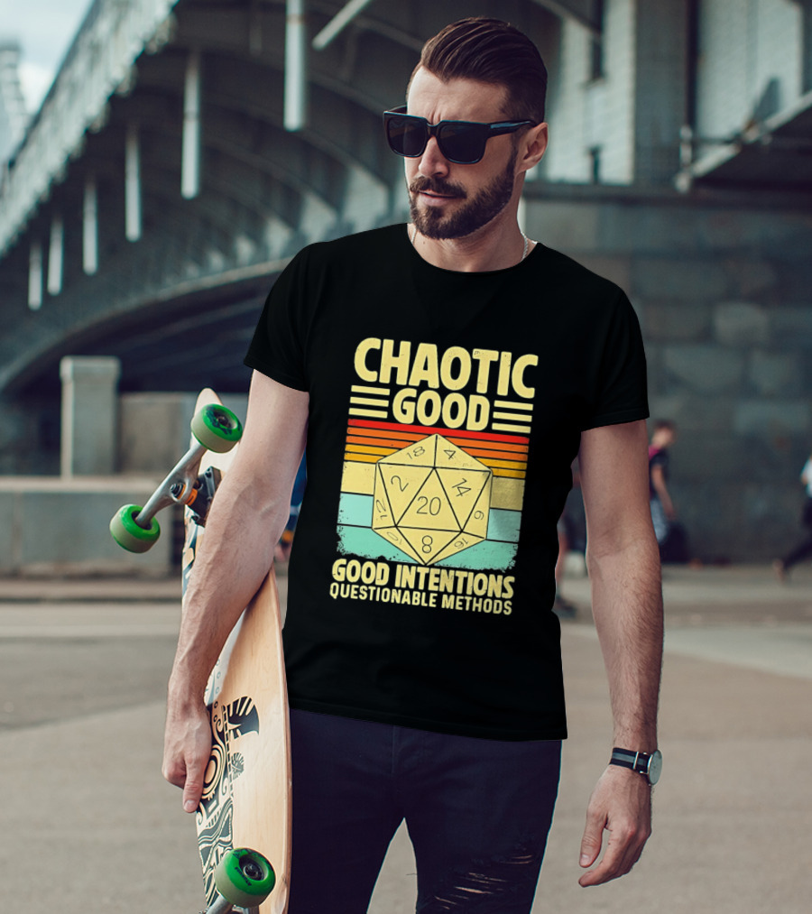 Chaotic Good D20 Good Intentions Questionable Methods Stripes T-Shirt