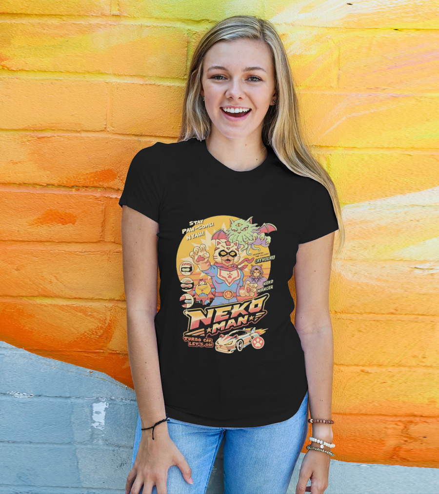 Stay Pawsome Neko Man Turbo Cat Featuring Villains Cathulhu Neko Mancer T-Shirt
