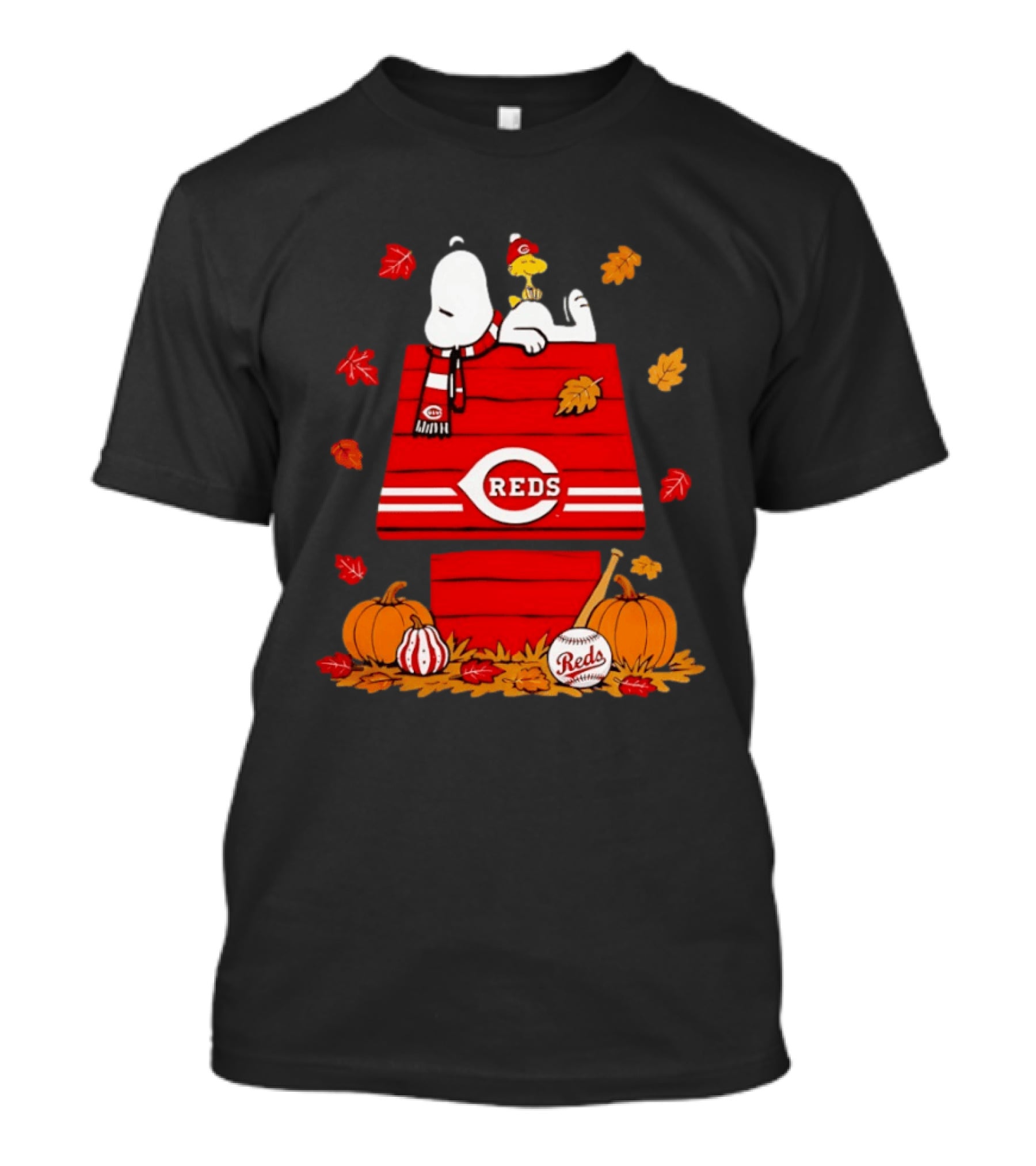 Snoopy Woodstock Cincinnati Reds Fall Baseball Pumpkins Leaves T-Shirt