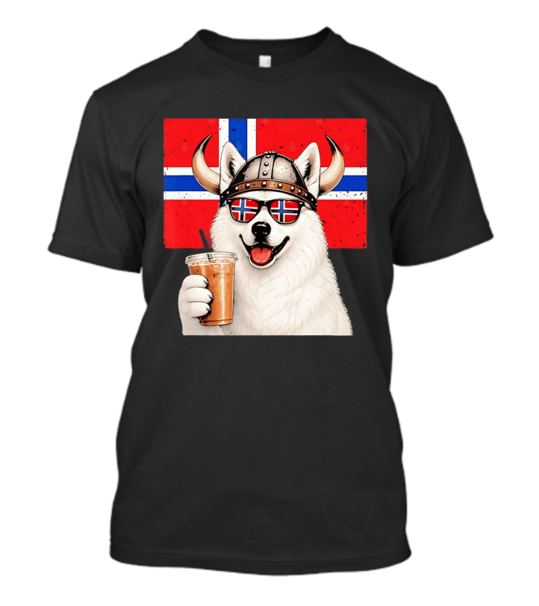 Viking Husky With Norwegian Flag Glasses And Iced Coffee T-Shirt