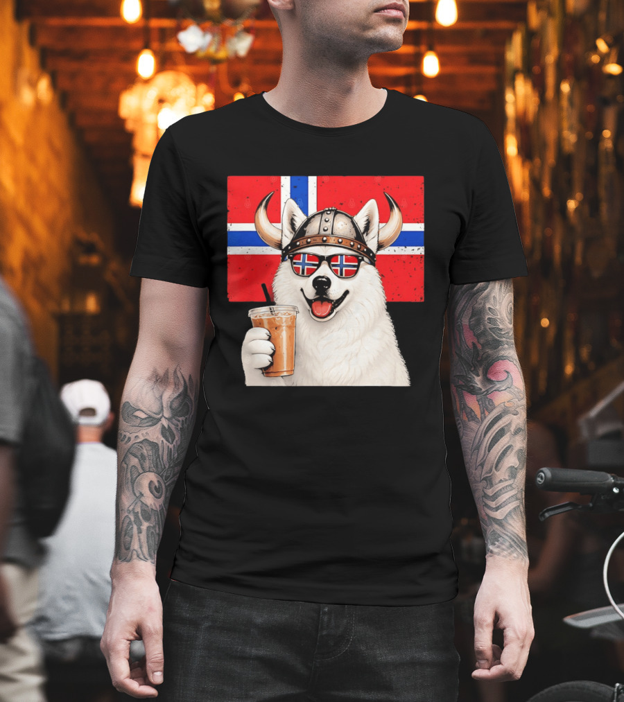 Viking Husky With Norwegian Flag Glasses And Iced Coffee T-Shirt
