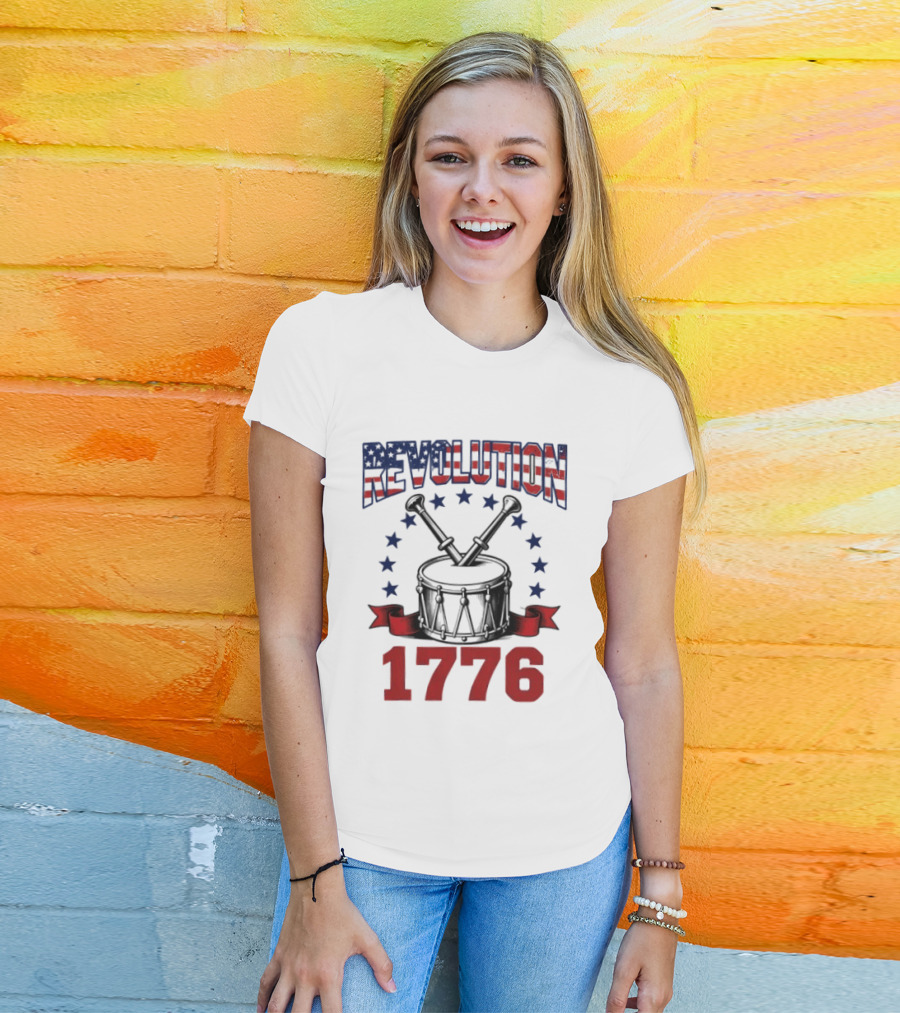 Revolution 1776 American Independence Drum With Stars And Crossed Drumsticks T-Shirt