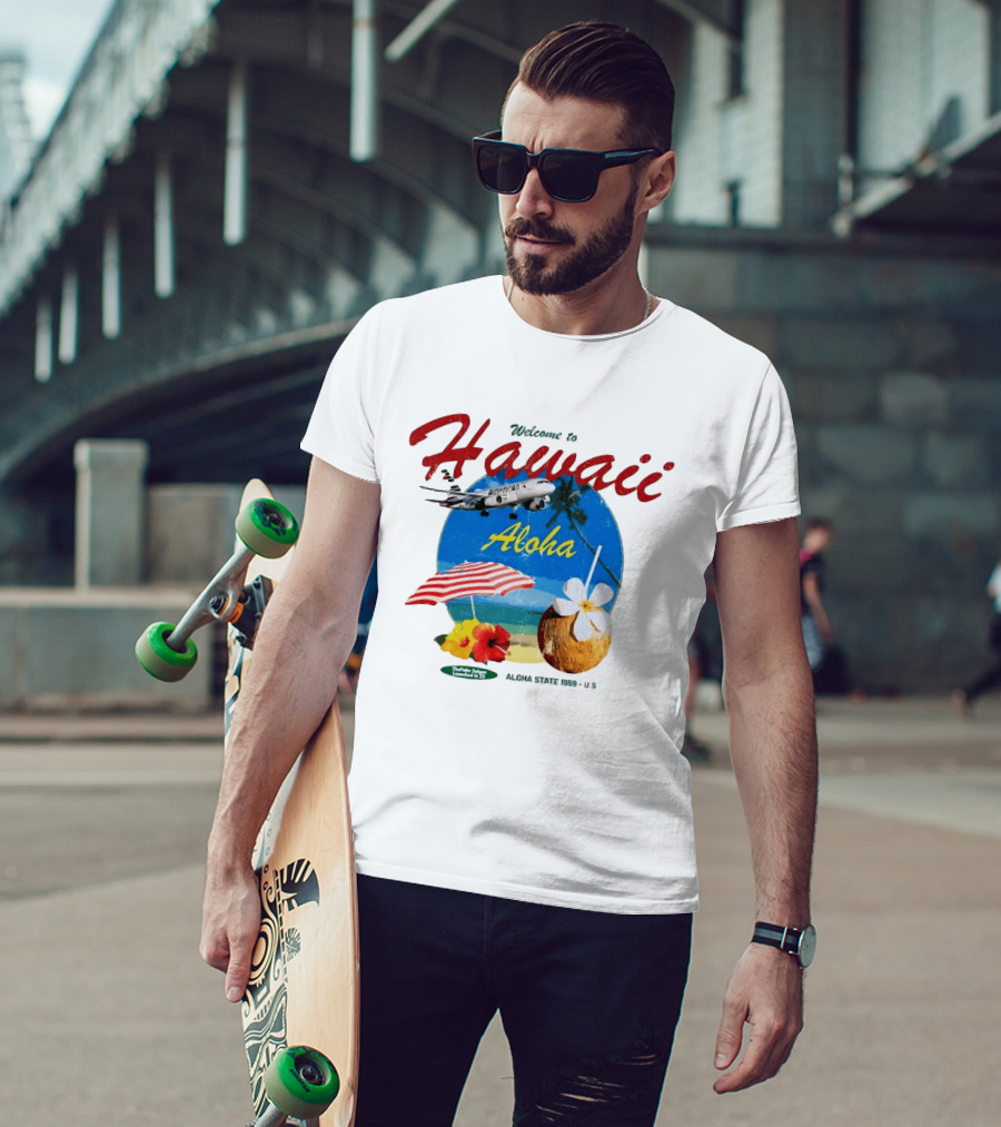 Welcome To Hawaii Aloha American Airplane Palm Trees Tropical Drink Beach Scene T-Shirt