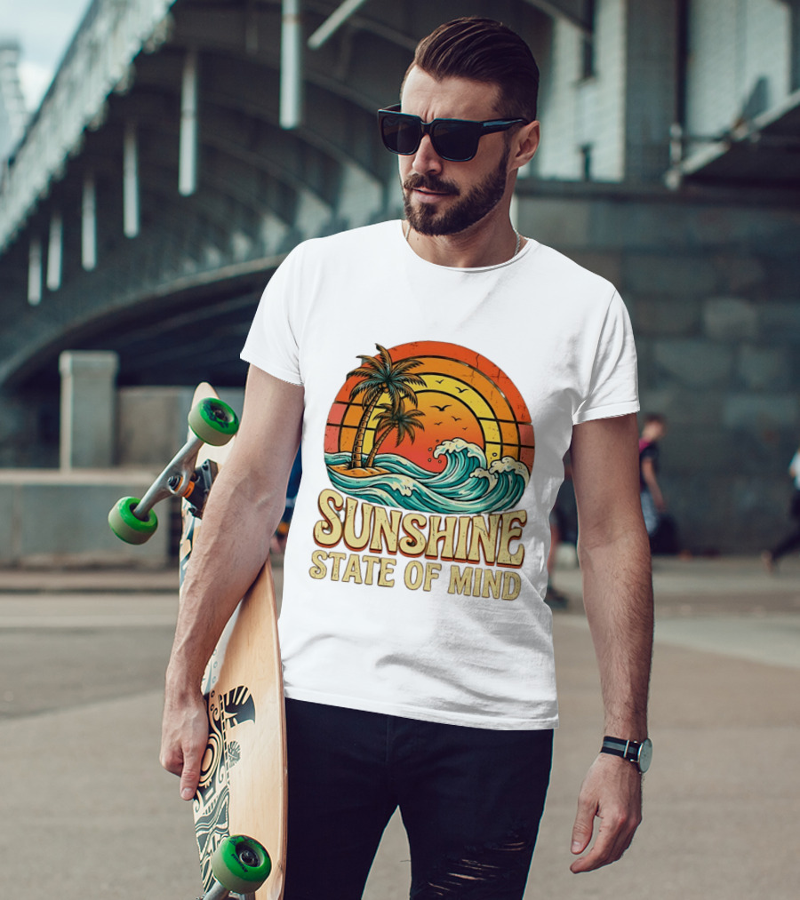 Sunshine State Of Mind Palm Trees Crashing Waves Sunset T-Shirt