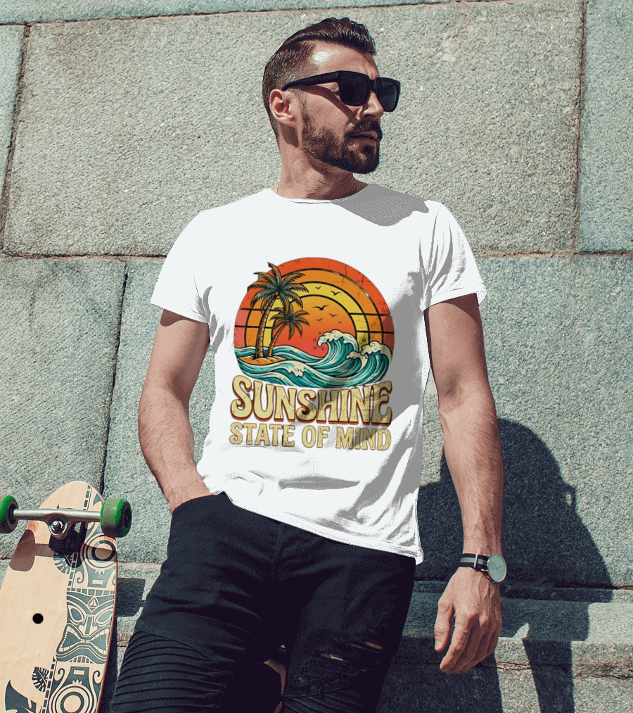 Sunshine State Of Mind Palm Trees Crashing Waves Sunset T-Shirt