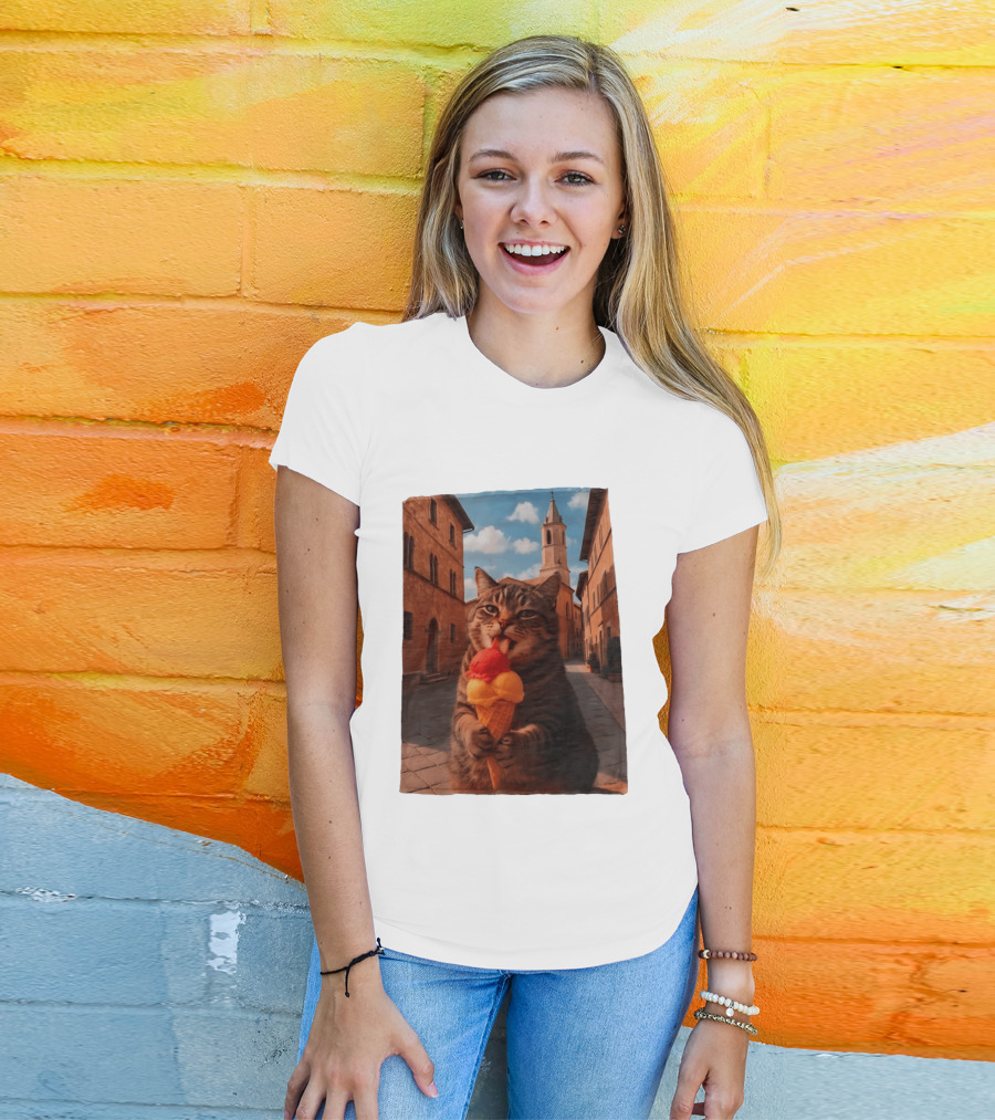 Tabby Cat Eating Ice Cream Cone In Italian Village Street Scene T-Shirt