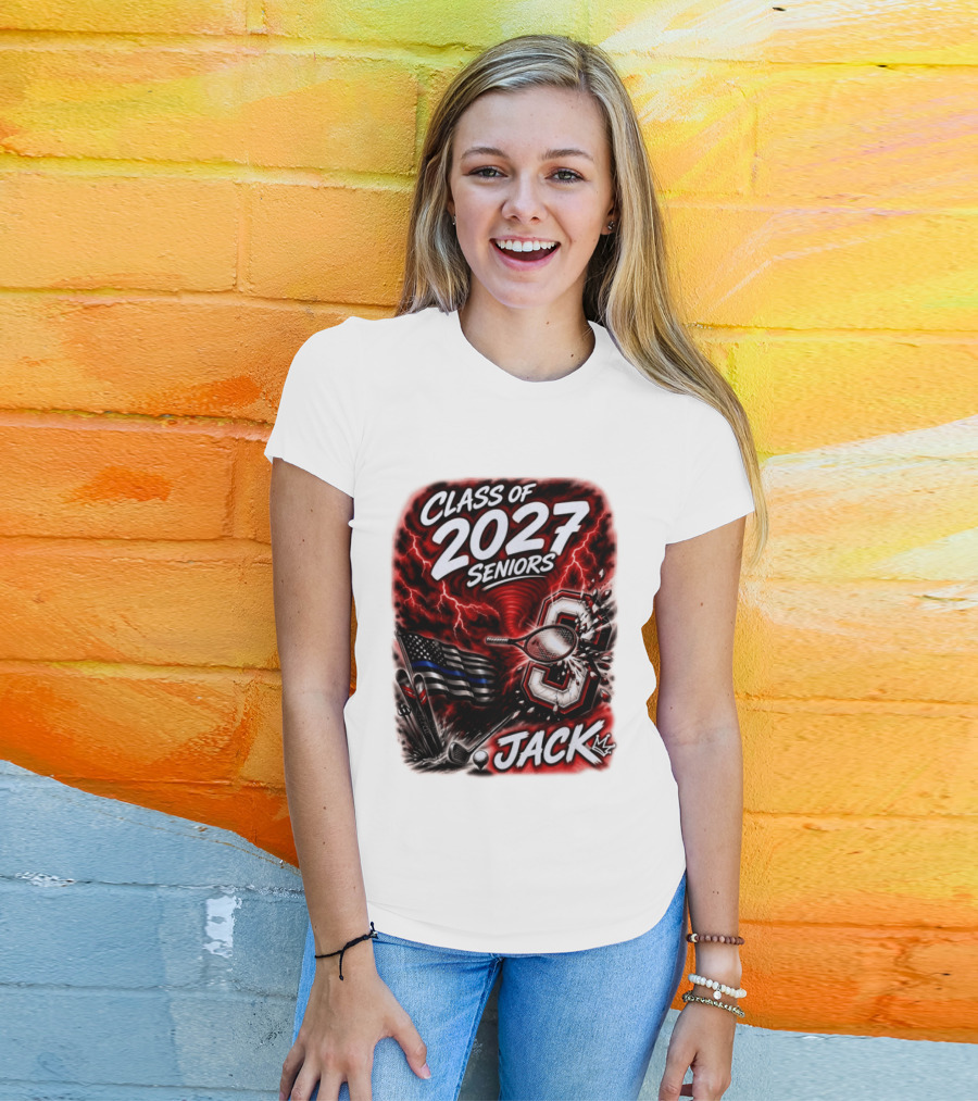 Class Of 2027 Seniors Jack Black Flag Lightning Tennis Football T-Shirt