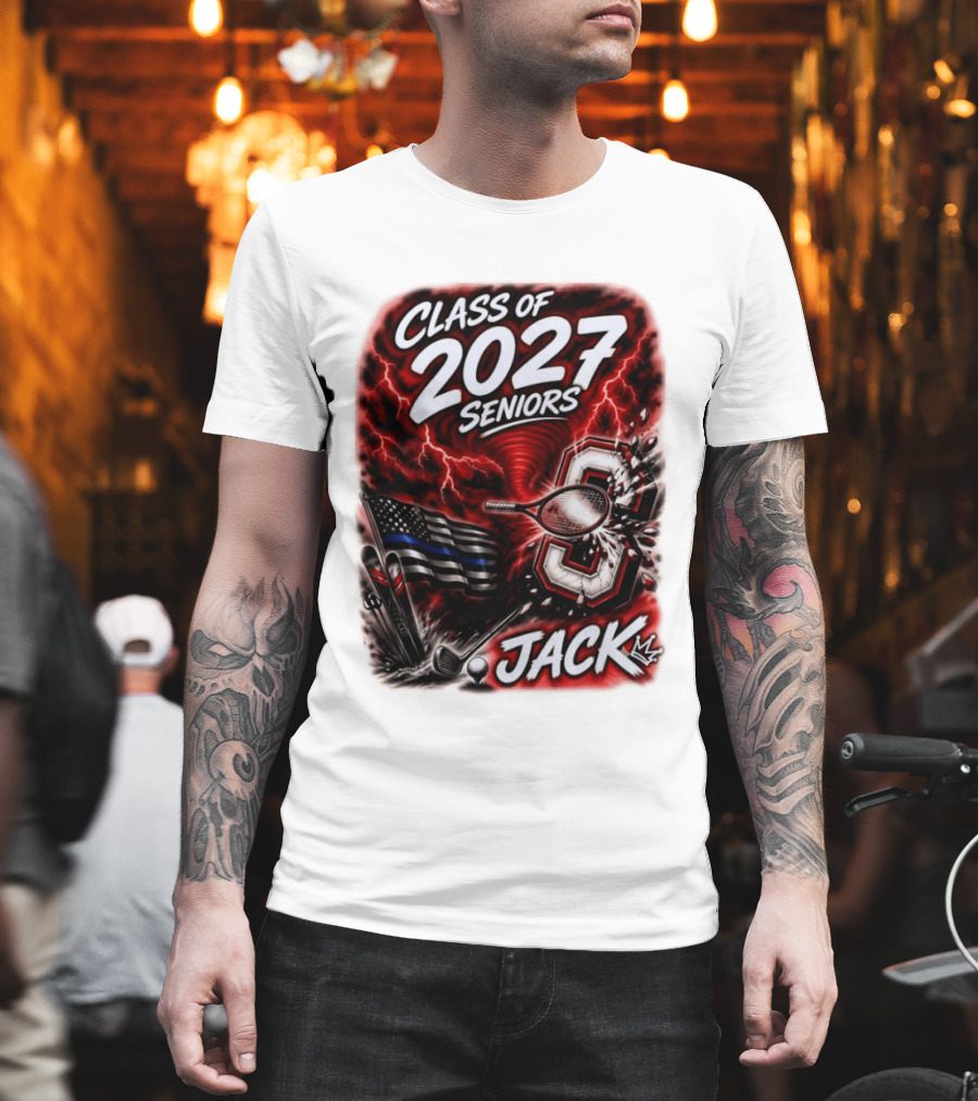 Class Of 2027 Seniors Jack Black Flag Lightning Tennis Football T-Shirt