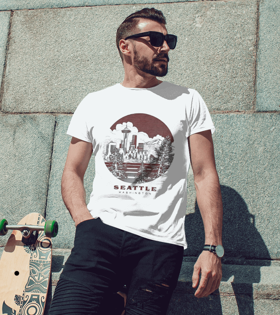 Seattle Washington Skyline Space Needle Mountains Forest T-Shirt