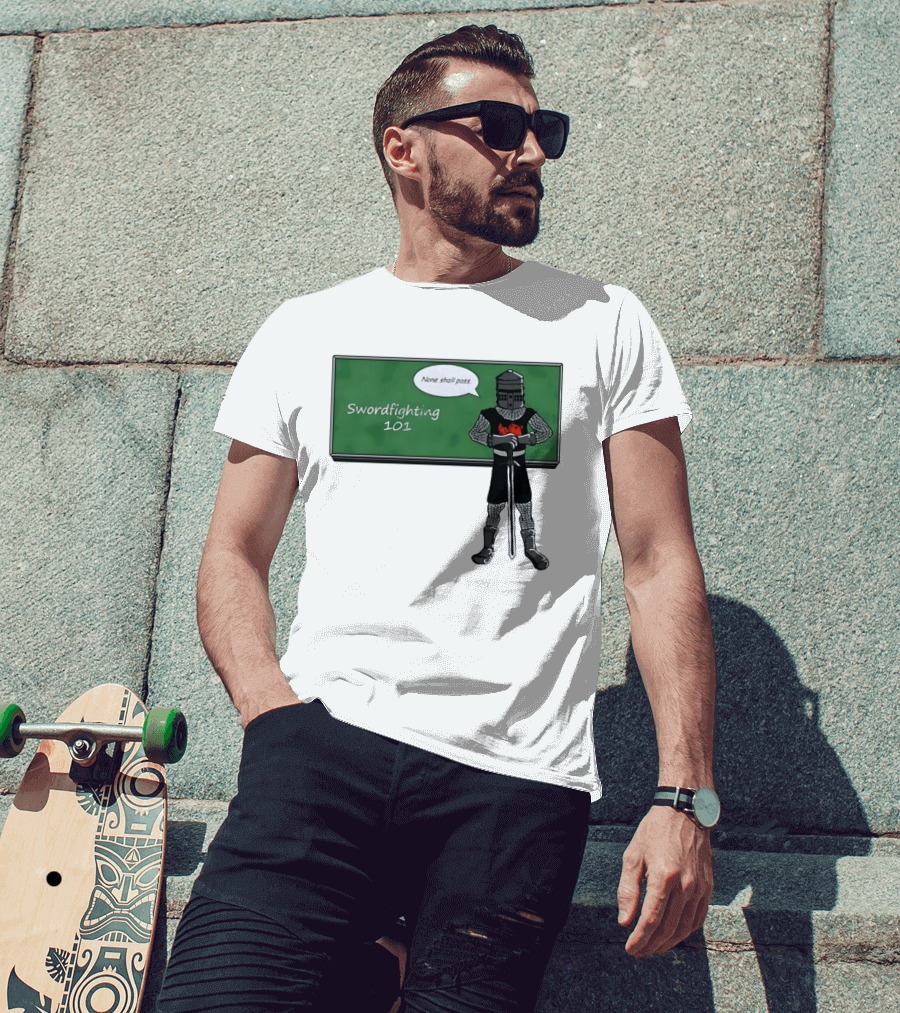 Swordfighting 101 None Shall Pass Black Knight Cartoon T-Shirt