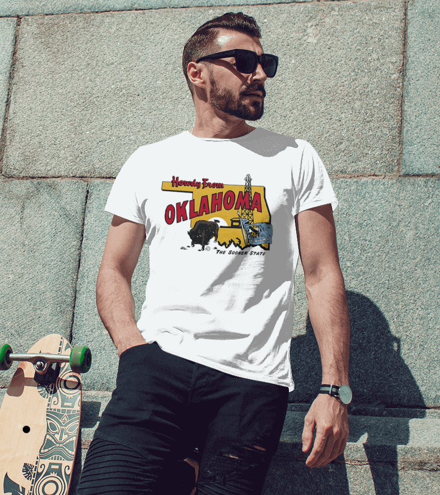 Howdy From Oklahoma The Sooner State Bison With Oil Derrick And Flag T-Shirt