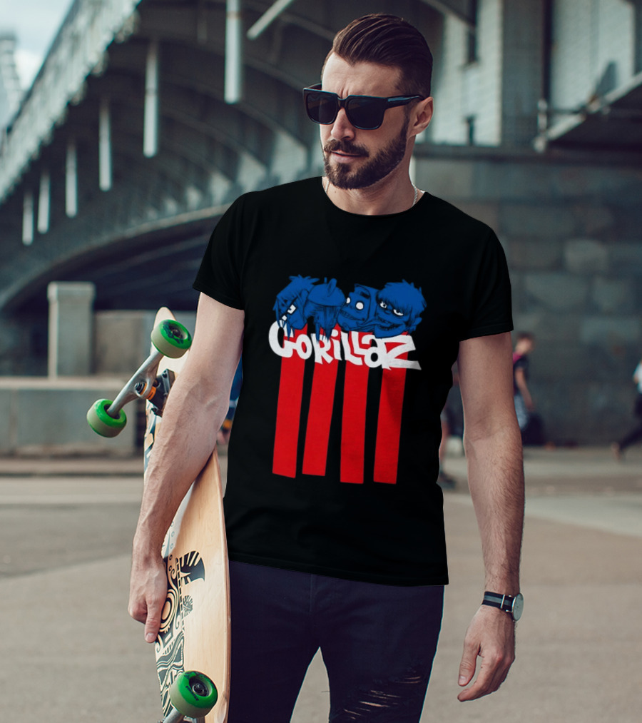GORILLAZ Pez Heads Characters Red Stripes T-Shirt