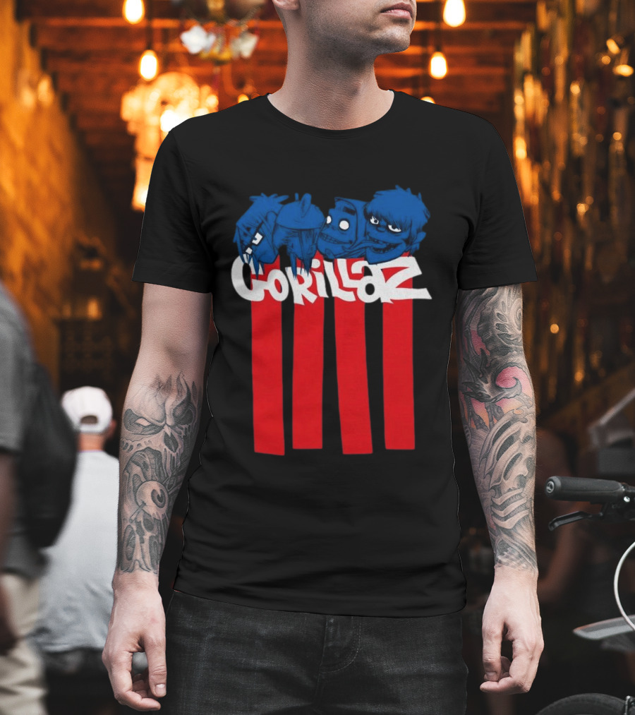 GORILLAZ Pez Heads Characters Red Stripes T-Shirt