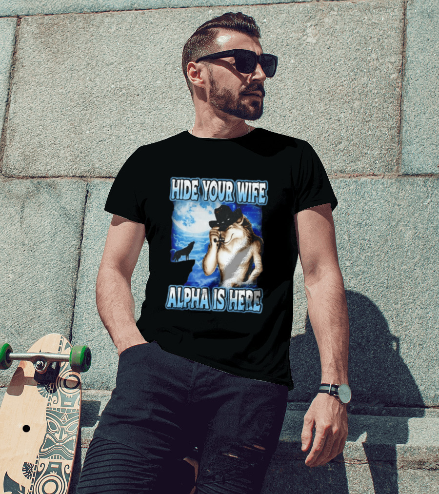 Hide Your Wife Alpha Wolf Cowboy Under Moonlight T-Shirt